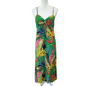 Olivacious Tropical Leaf Print Maxi Dress Green Tie Front Slit Size M